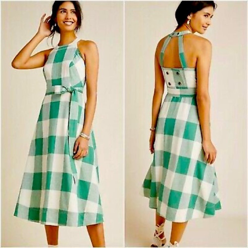 Anthropologie Maeve Greta Belted Dress Green Cream Gingham Belted Size 4 NWT